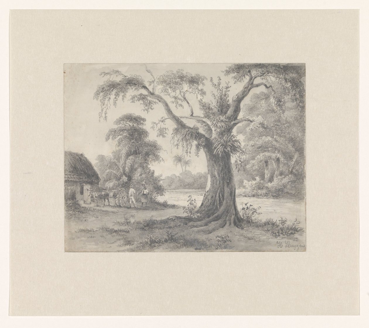Paisagem com árvore e cabana com cavalo e carruagem e duas figuras de Hendrik Huygens (signed by artist)