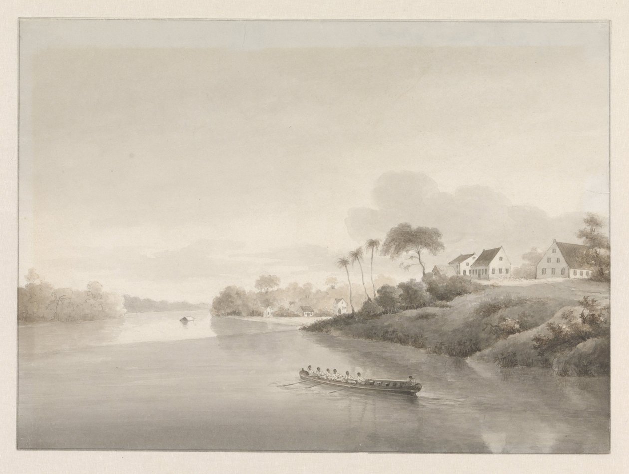 Vista de algumas casas em um rio, possivelmente a Jodensavanne de Hendrik Huygens