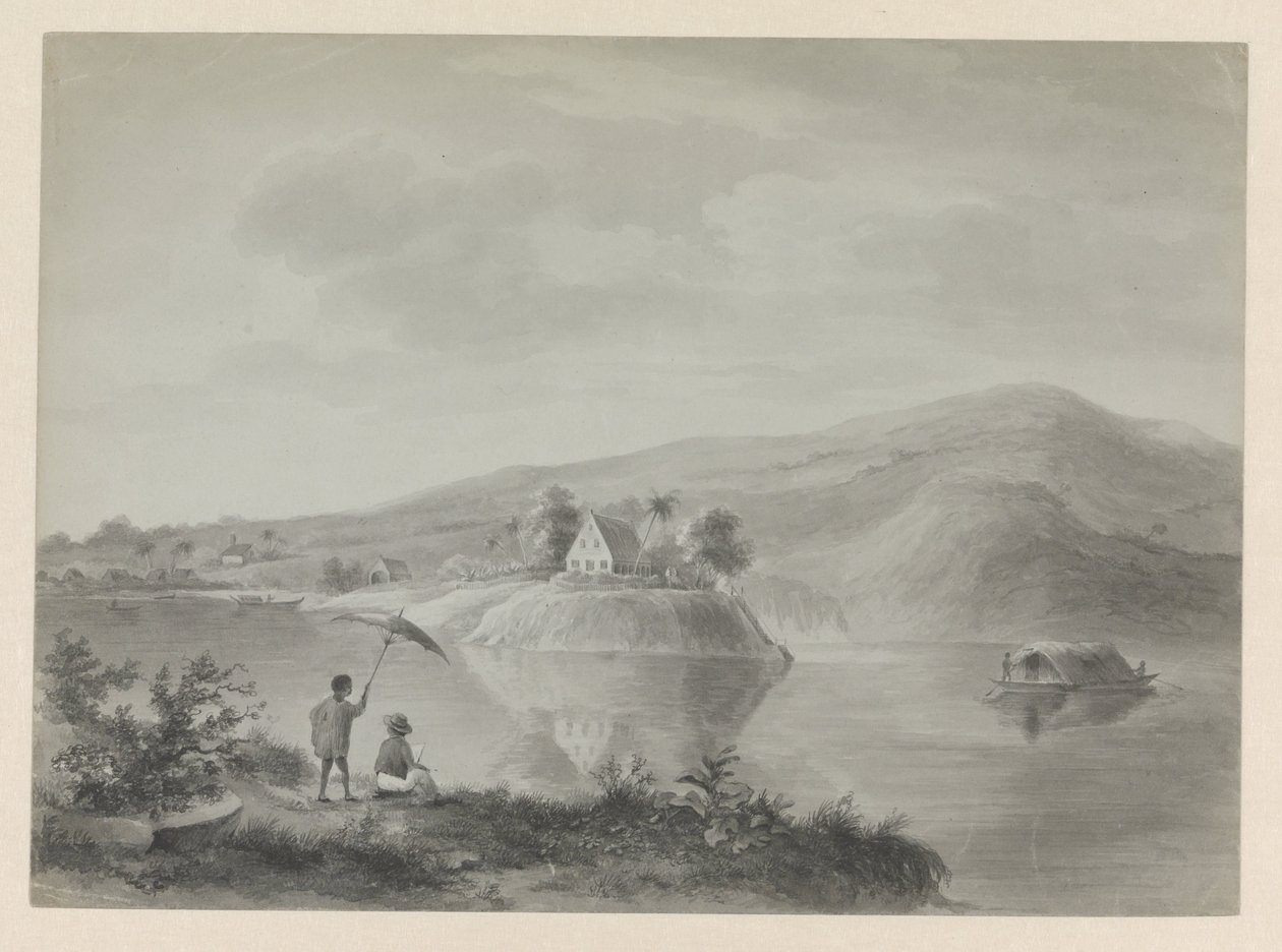 Vista de um rio com algumas casas, possivelmente Berg en Dal de Hendrik Huygens
