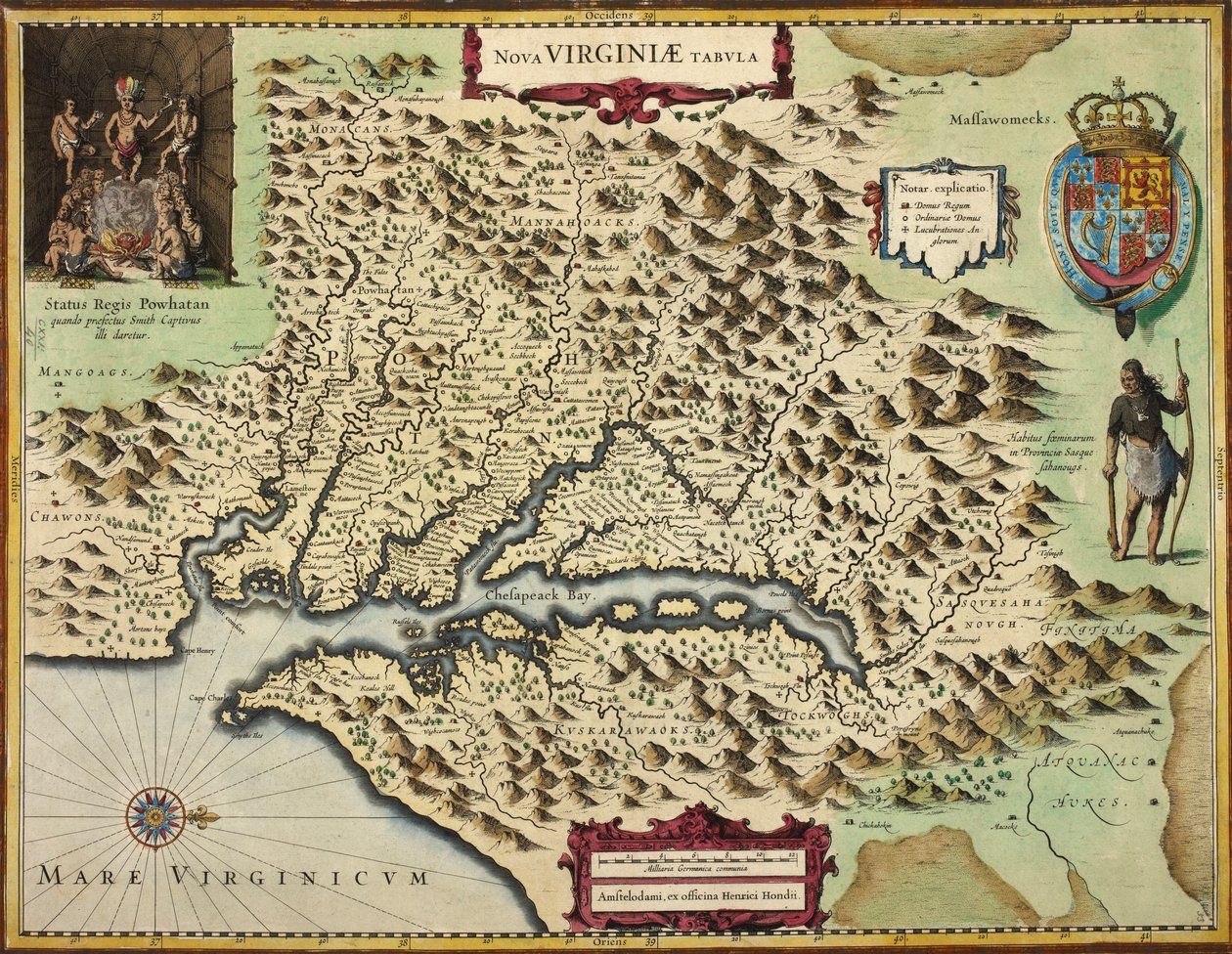 Um mapa da Virgínia (gravura colorida à mão) de Hendrik I Hondius