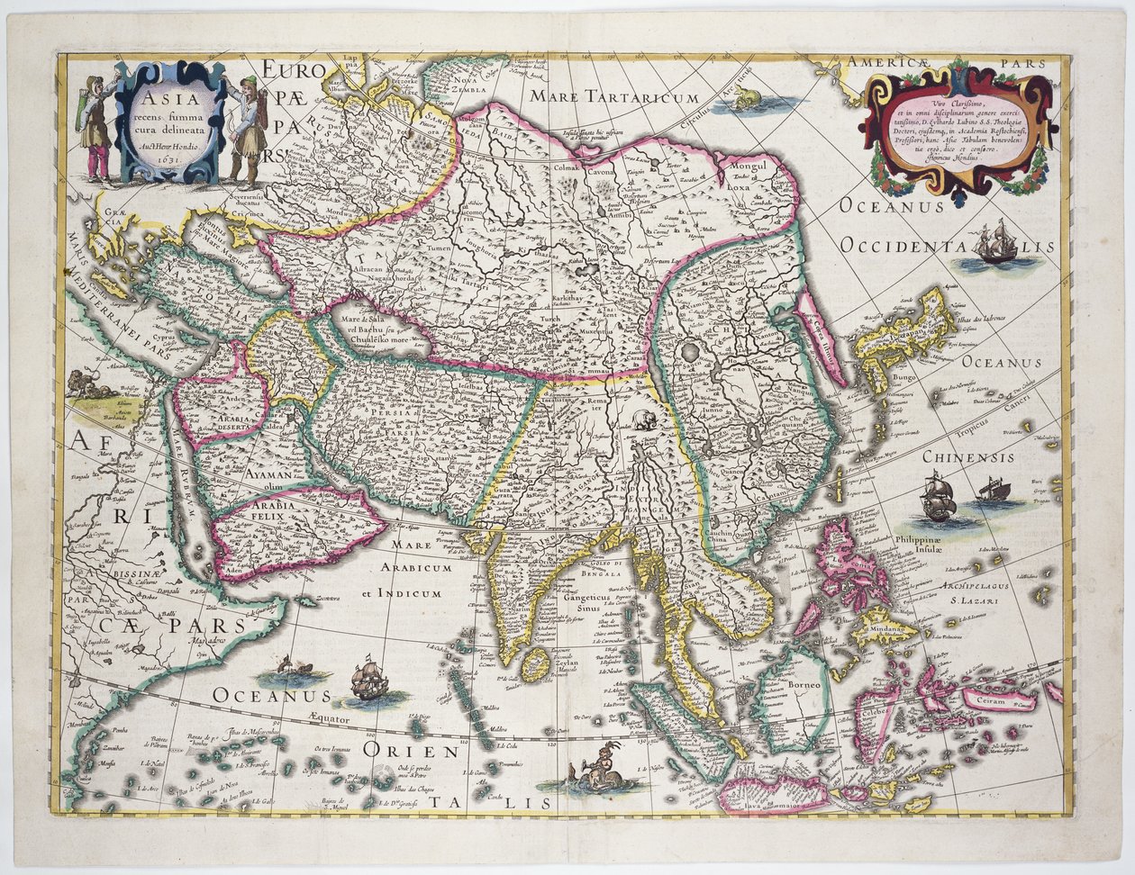 Mapa geral, incluindo a Arábia, o Japão, a península coreana e a maior parte do arquipélago indonésio, 1631 (gravura colorida) de Hendrik I Hondius