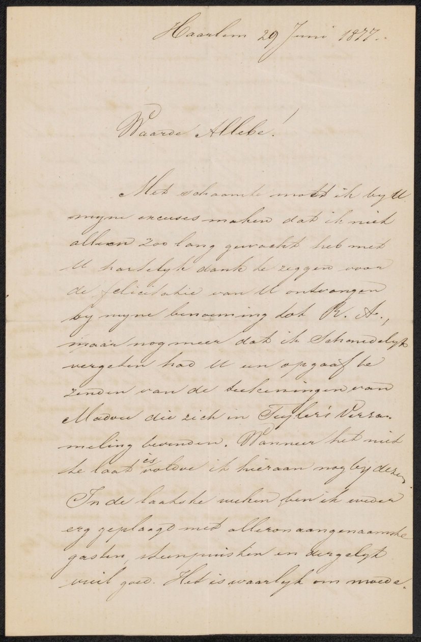 Carta a August Allebé de Hendrik Jacobus Scholten