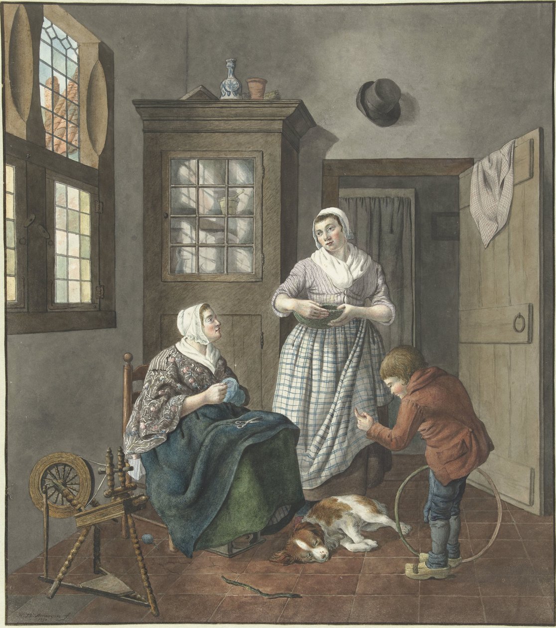 Interior com mulher costurando, empregada e menino brincando de Hendrik Jan van Amerom