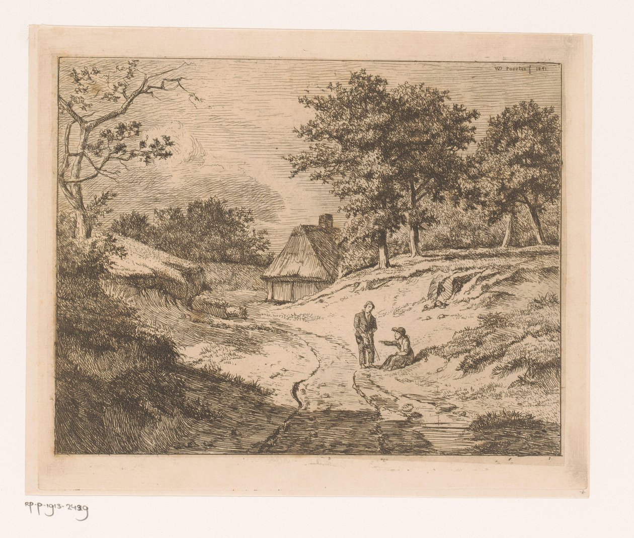 Paisagem com pessoa mostrando o caminho a outra de Hendrik Jozef Franciscus van der Poorten