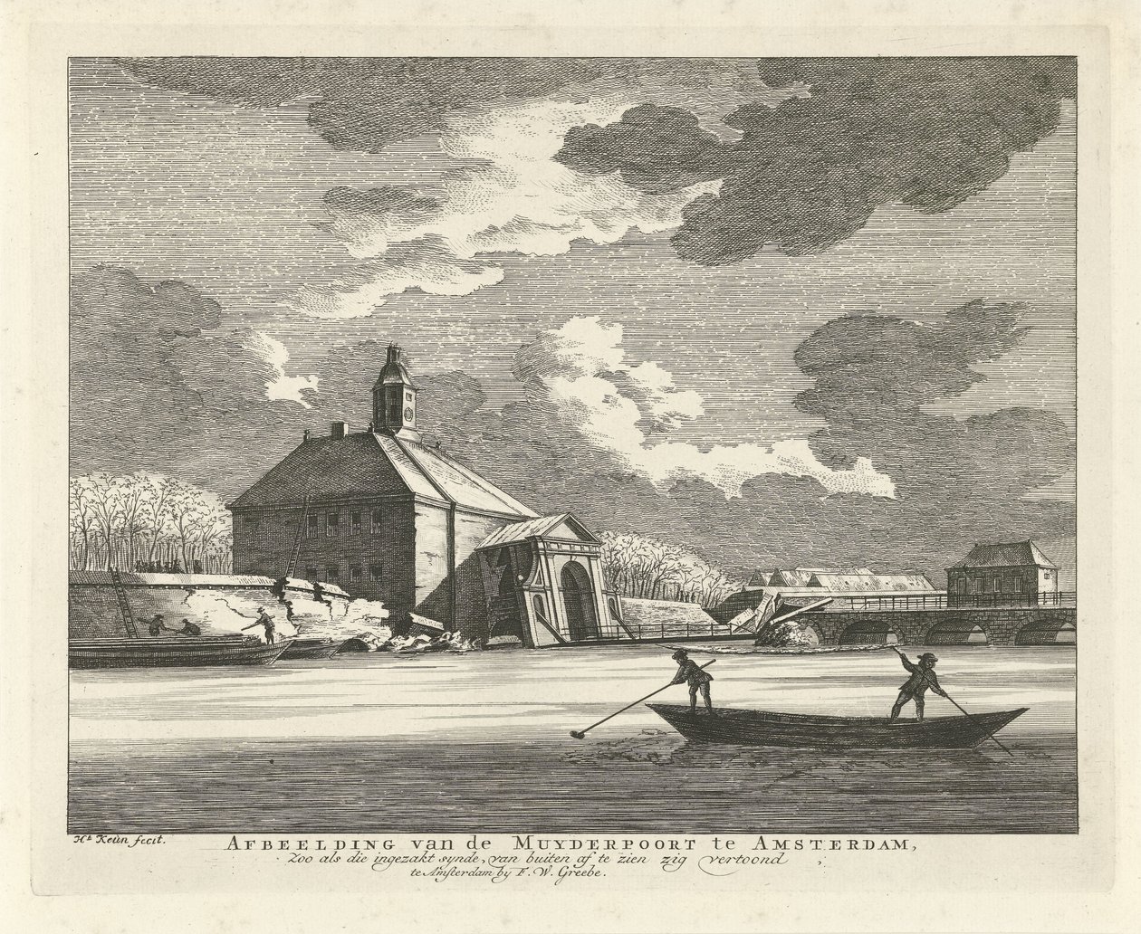 Sagging Muiderpoort, visto do Singelgracht, 1769 Imagem do Muyderpoort em Amsterdã, Zoo como o synde colapsado, pode ser visto do lado de fora, em ziguezague (título no objeto) de Hendrik Keun