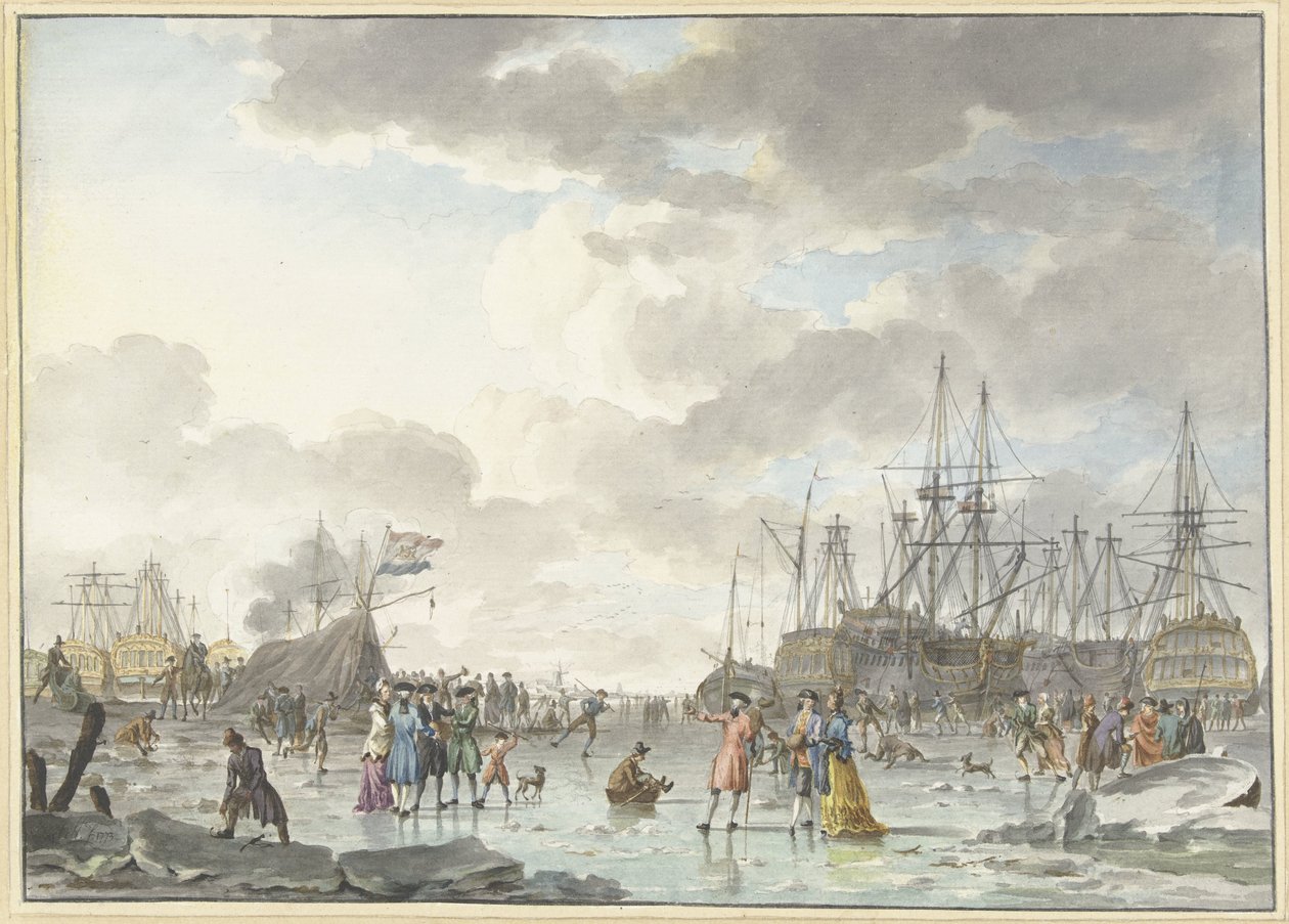 Feira de gelo em um rio congelado com navios Diversão no gelo em um rio congelado com navios de Hendrik Kobell