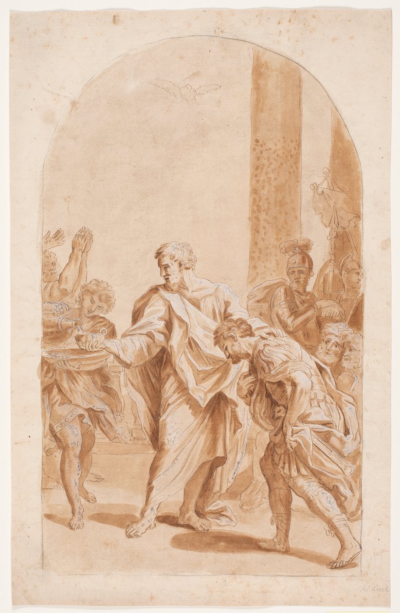 S. Pedro batiza o centurião Cornélio. (Atos 10, 47-48). de Hendrik Krock