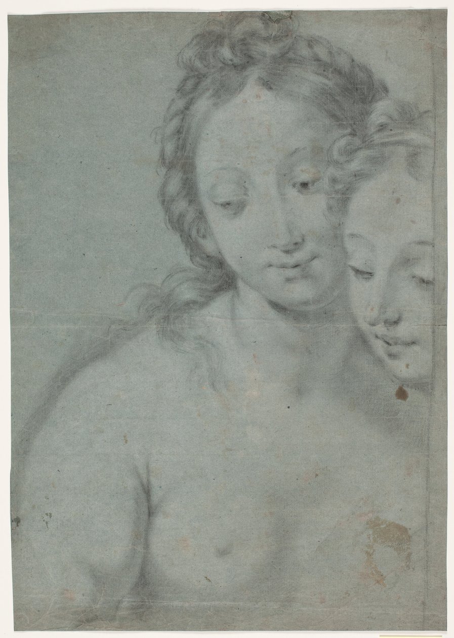 Duas cabeças femininas. Estudos para a metade direita em Carlo Maratta Pintor: Auto-retrato com Marquese Pallavicini, stourhead, National Trust, Inglaterra (ref. Arte Antica e Moderna, 1961, nº 181) de Hendrik Krock