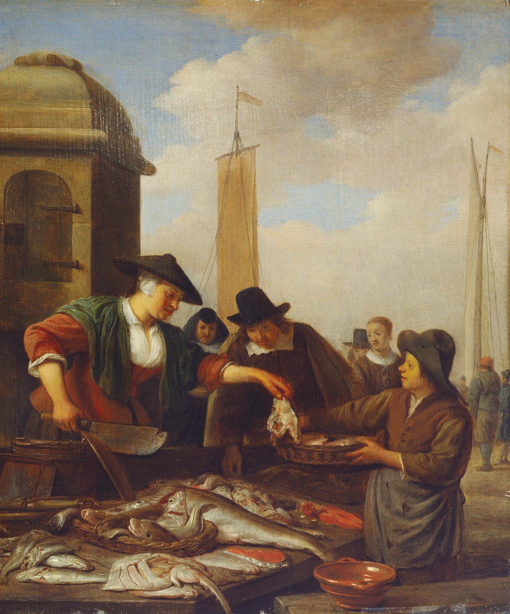 Uma banca de peixe junto a um porto (óleo sobre painel) de Hendrik Martensz Sorgh
