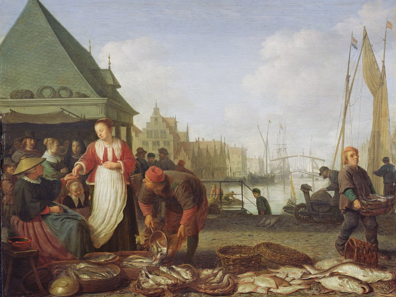 O mercado de peixe de Roterdão (óleo sobre painel de carvalho) de Hendrik Martensz Sorgh