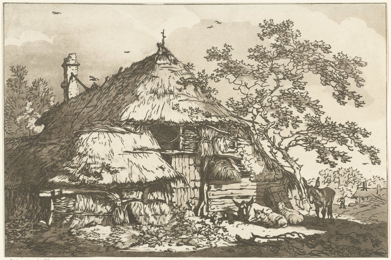 Fazenda com uma vaca, duas ovelhas e um burro no quintal Doze desenhos calculados para uso de quem está aprendendo a desenhar paisagem (título da série) de Hendrik Meijer