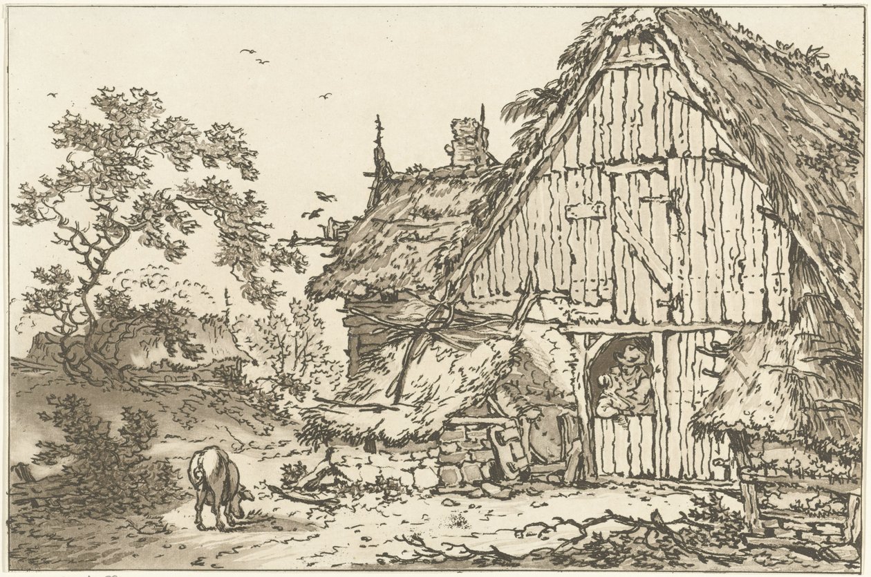 Boerderij conheceu twee mensen em deuropening Doze desenhos calculados para uso de quem está aprendendo a desenhar paisagem (título da série) de Hendrik Meijer