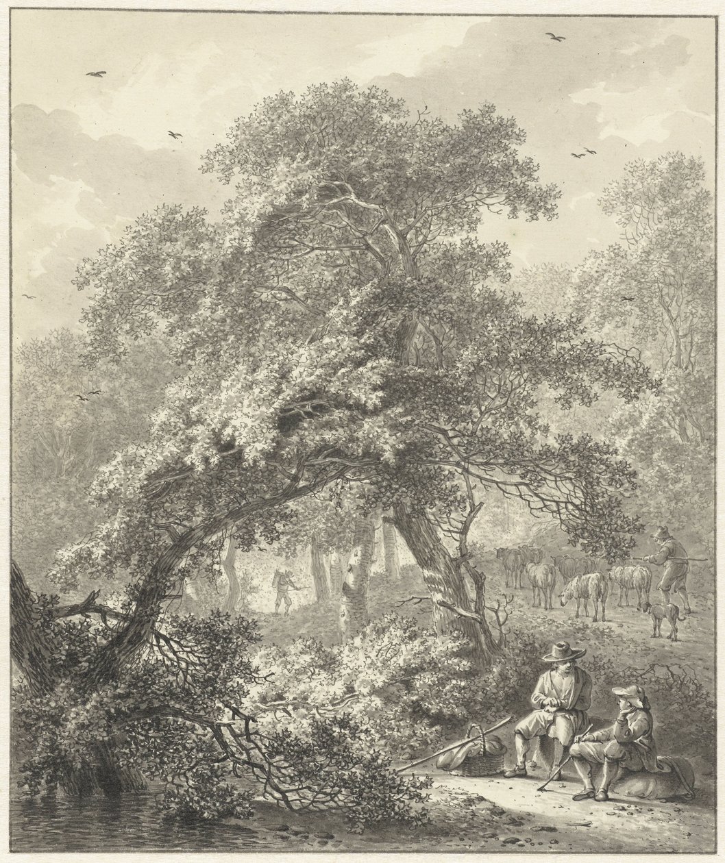 Cena florestal com viajantes em repouso debaixo de uma árvore de Hendrik Meijer