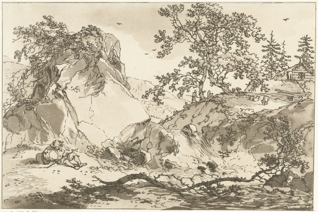 Heuvelachtig landschap met een rustende man
Doze desenhos calculados para a utilização daqueles que estão a aprender a desenhar a paisagem (título da série) de Hendrik Meijer