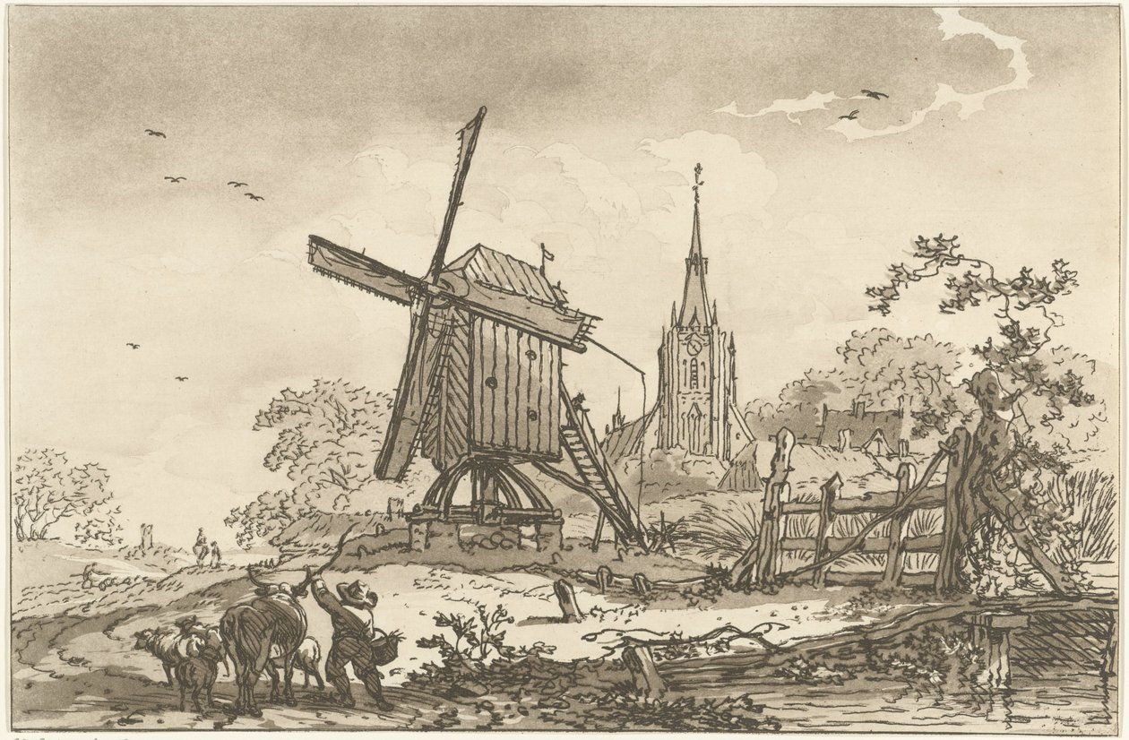 Landschap met een windmolen en een kerk
Doze desenhos calculados para a utilização daqueles que estão a aprender a desenhar a paisagem (título da série) de Hendrik Meijer