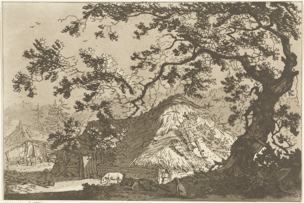 Landschap com twee boerderijen Doze desenhos calculados para uso de quem está aprendendo a desenhar paisagem (título da série) de Hendrik Meijer