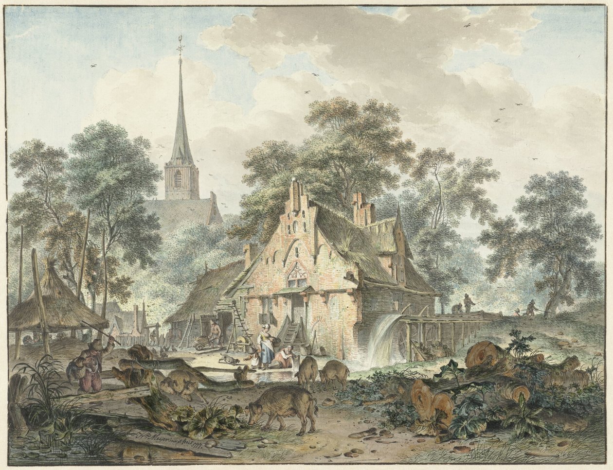 Moinho de água e igreja da vila de Hendrik Meijer