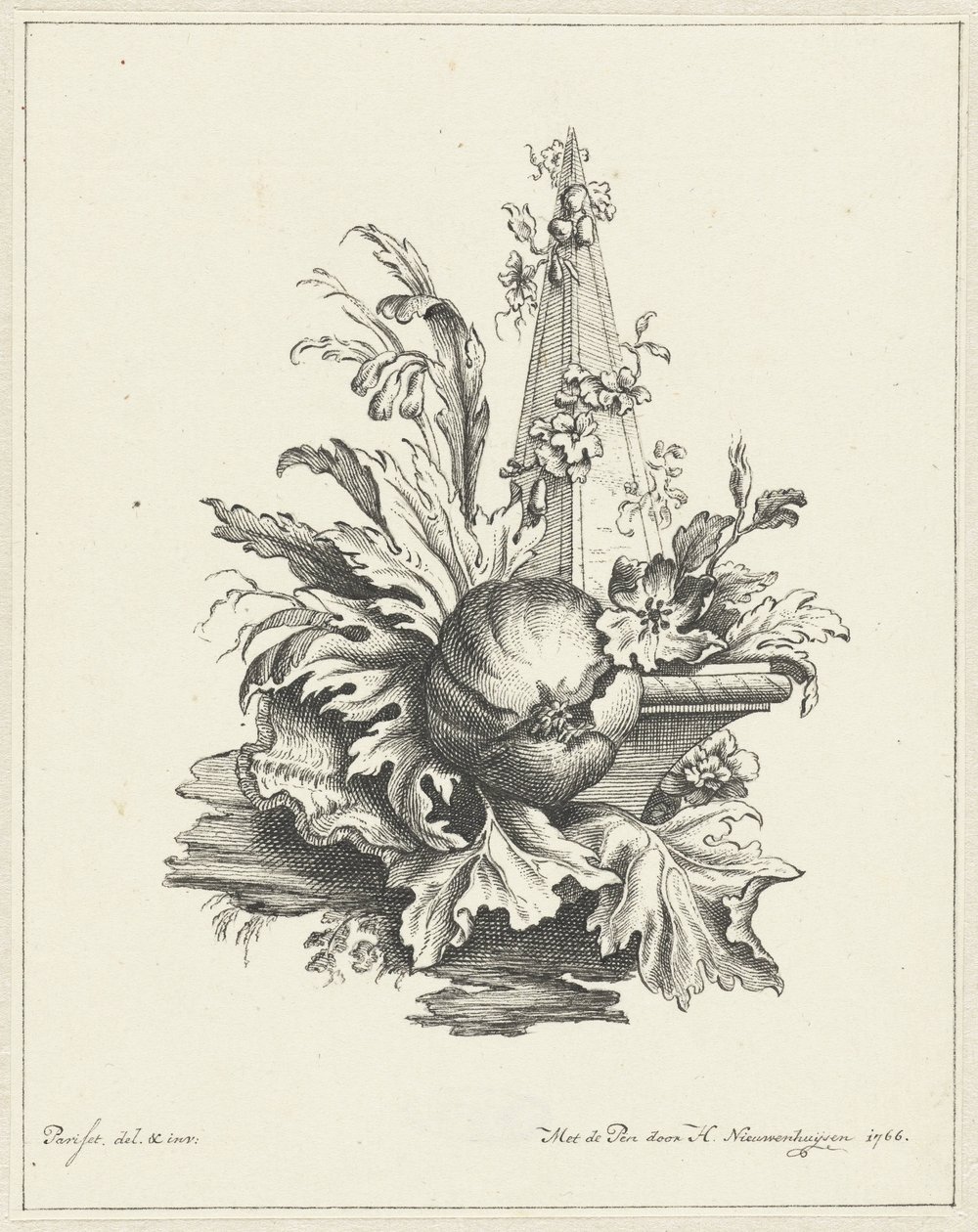 Ornamento com romã com folhas e obelisco de Hendrik Nieuwenhuysen