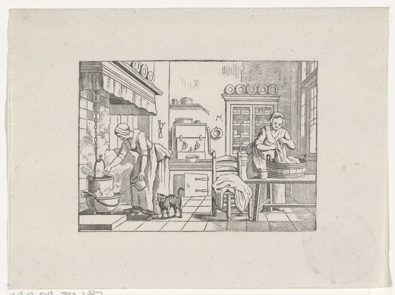 Interior da cozinha com duas mulheres no trabalho de Hendrik Numan