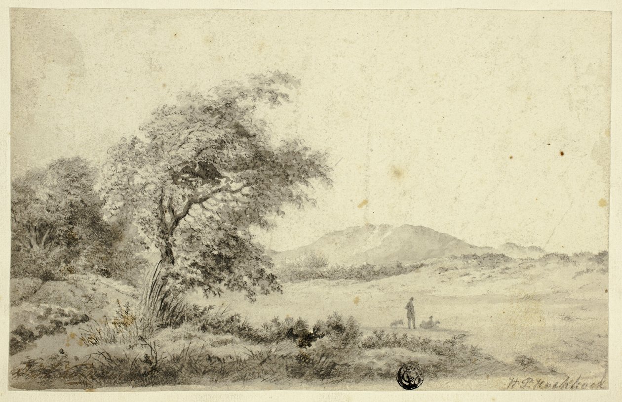 Paisagem com casal e cão de Hendrik Pieter Koekkoek