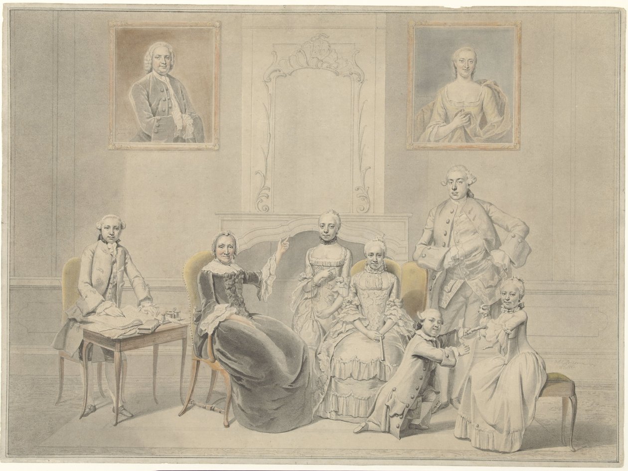 Os filhos de Pieter Cornelis Hasselaer e Clara Wendela Sautijn, cujos retratos estão pendurados na parede, com sua avó Wendela Eleonora Reael de Hendrik Pothoven