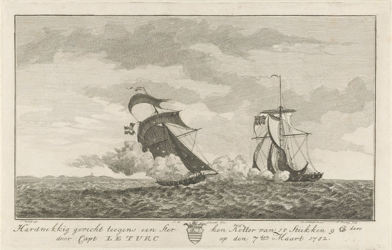 Luta contra um cortador forte, 1782
Hard Fight against a Strong Cutter of 18 Pieces (...) by Capt: Le Turc on the 7th March 1782 (title on object) de Hendrik Roosing