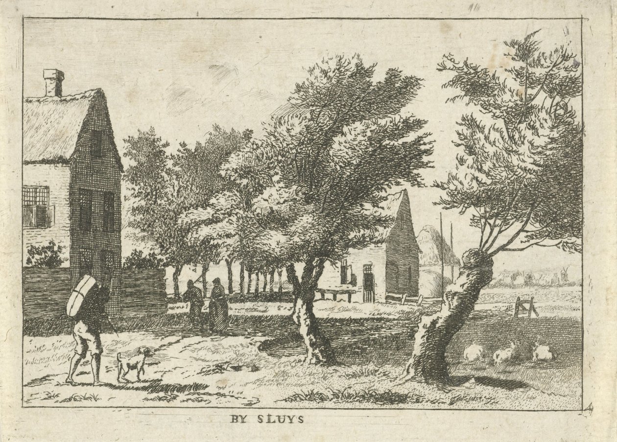 Viajante perto de uma aldeia
Por Sluys (título sobre o objecto)
Paisagens na região de Schieland (título da série) de Hendrik Roosing