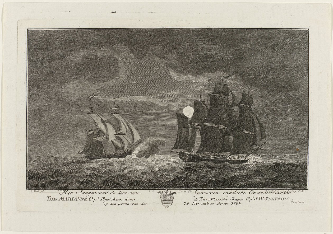 Sextroh hunting the Marianne, 1782
Hunting the English East Sea vessel The Marianne Capt Phielskerk by the Zierikzeesche Kaper Capt J:W:Sextroh on the evening of 20 November 1782 (title on object) de Hendrik Roosing