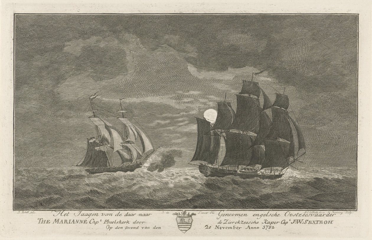 Sextroh hunting the Marianne, 1782
Hunting the English East Sea vessel The Marianne Capt Phielskerk by the Zierikzeesche Kaper Capt J:W:Sextroh on the evening of 20 November 1782 (title on object) de Hendrik Roosing