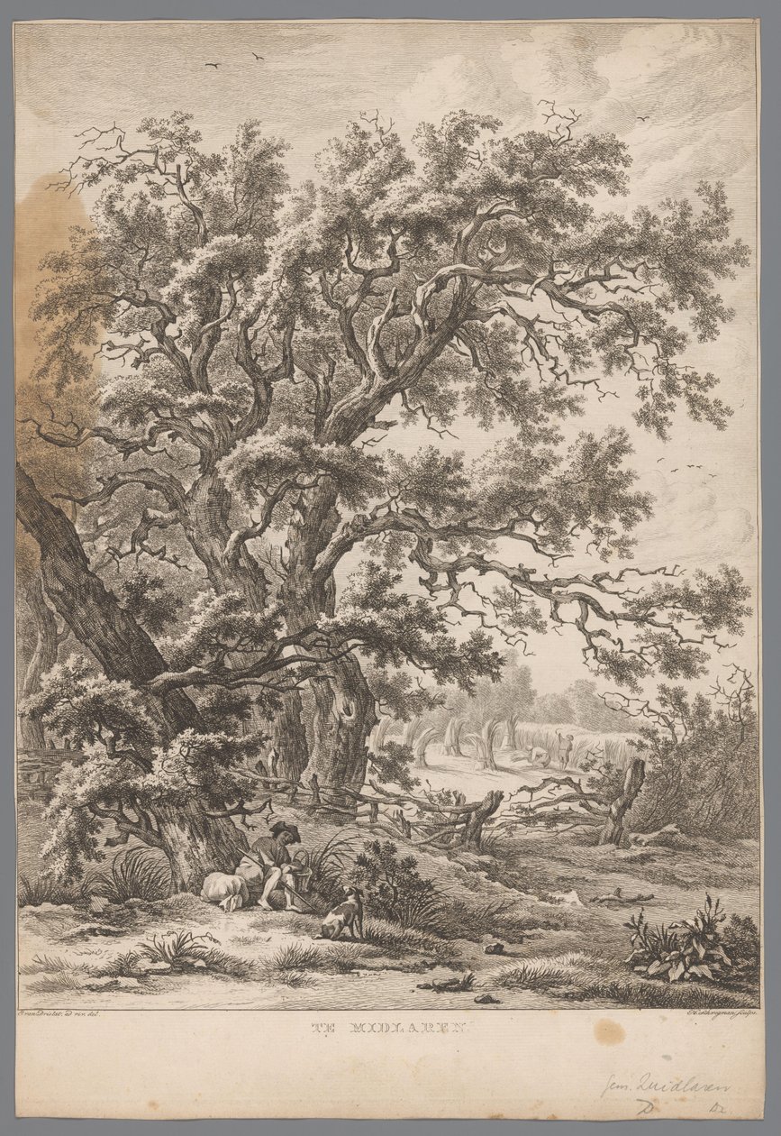 Paisagem com um homem e um cachorro debaixo de uma árvore perto de Midlaren Em Midlaren (título no objeto) Nove rostos em Drenthe (título da série) IX Faces dentro e perto da paisagem de Drenthe (título da série) de Hendrik Schwegman