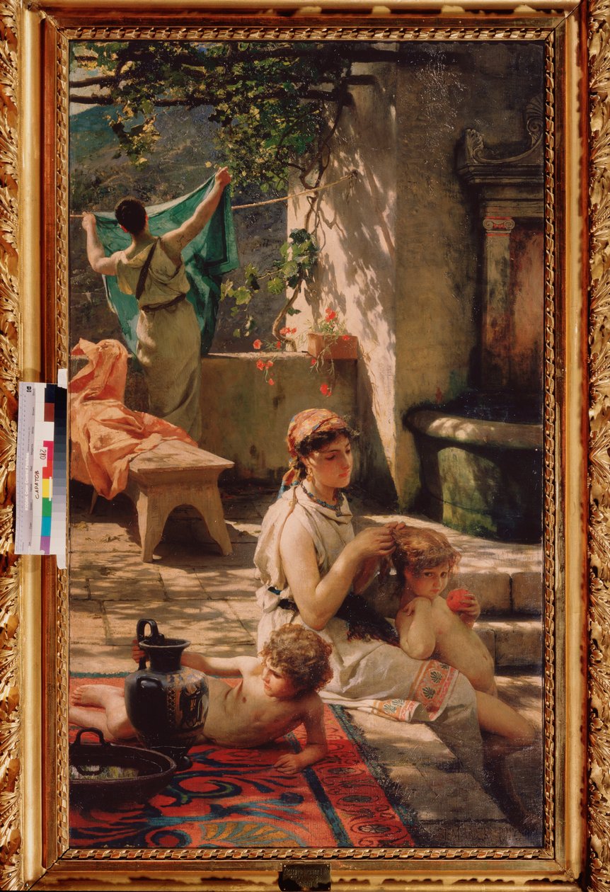 No poço. (Uma mulher está a pentear o cabelo do seu filho, outra está a pendurar roupa). Pintura de Henryk Siemiradzki (1843-1902), óleo sobre tela de Henryk Siemiradzki