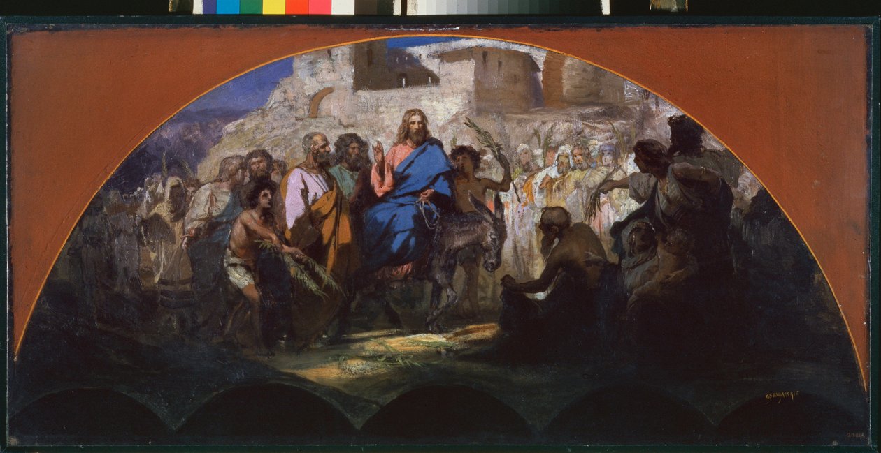 A entrada de Cristo em Jerusalém. (montando em um burro, cercado pela multidão acenando e colocando galhos em seu caminho). Obra de Henryk Siemiradzki (1843-1902), óleo sobre papelão de Henryk Siemiradzki