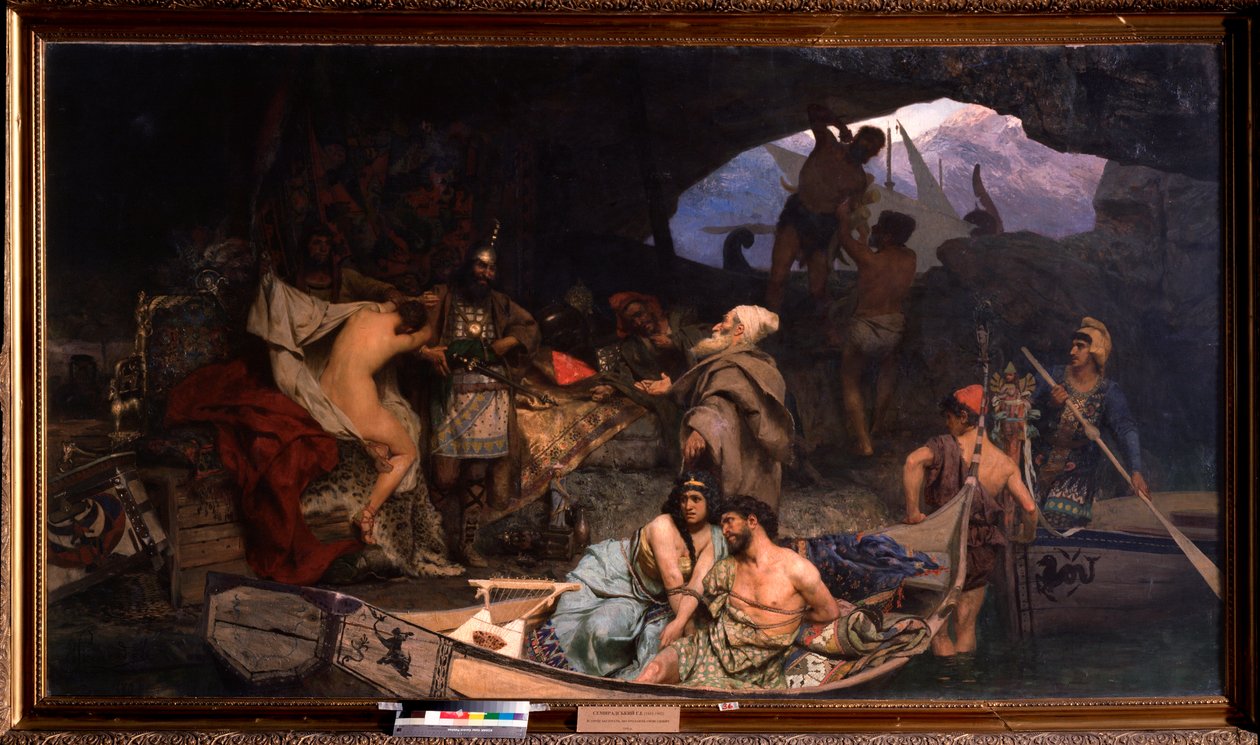 Os corsários. (Cena em que eles trazem de volta seu saque e seus prisioneiros (reféns) em uma caverna). Pintura de Henryk Siemiradzki (1843-1902), óleo sobre tela de Henryk Siemiradzki
