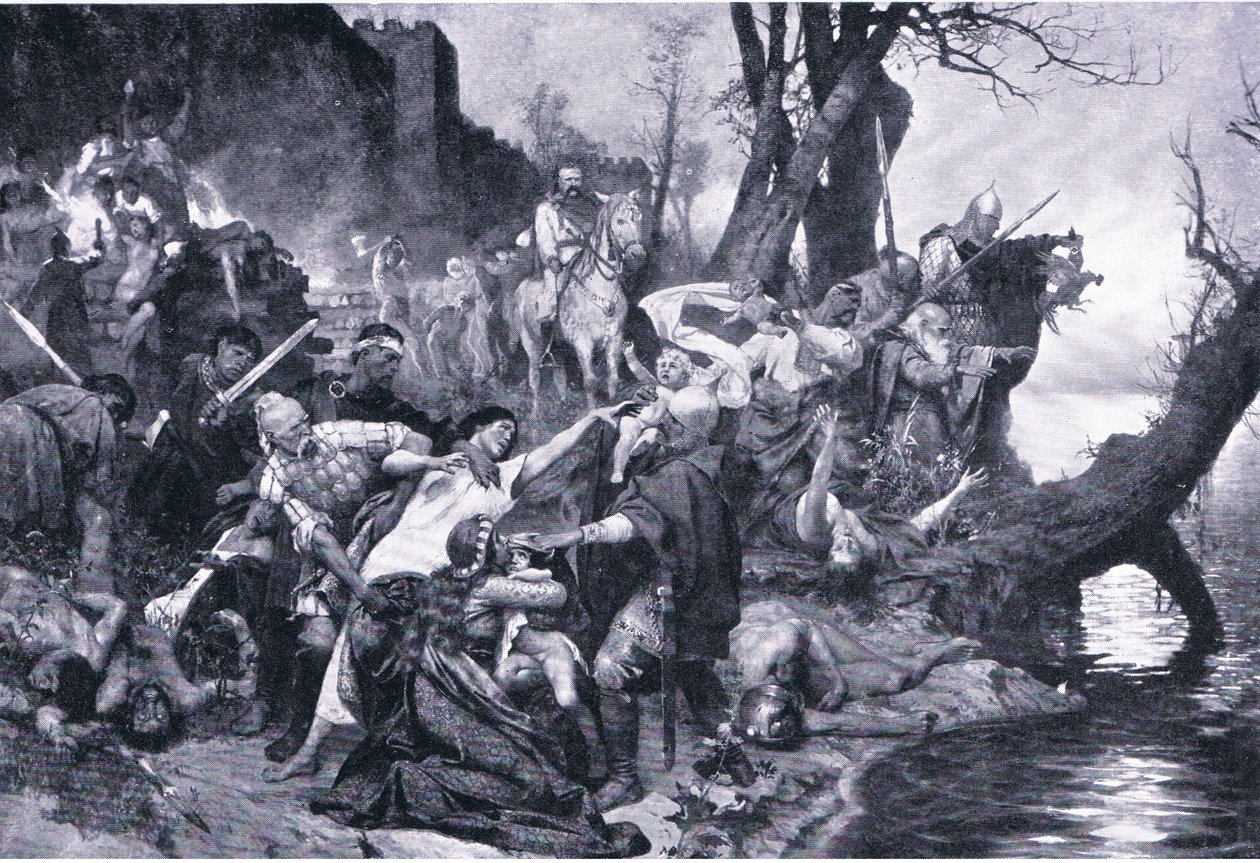 Warriors of Sviatoslav at the massacre under the wall od Drster (Durostorus), ilustração de Landmarks in European History publicada pela Gresham Publishing Co, c.1920 (litho) de Henryk Siemiradzki