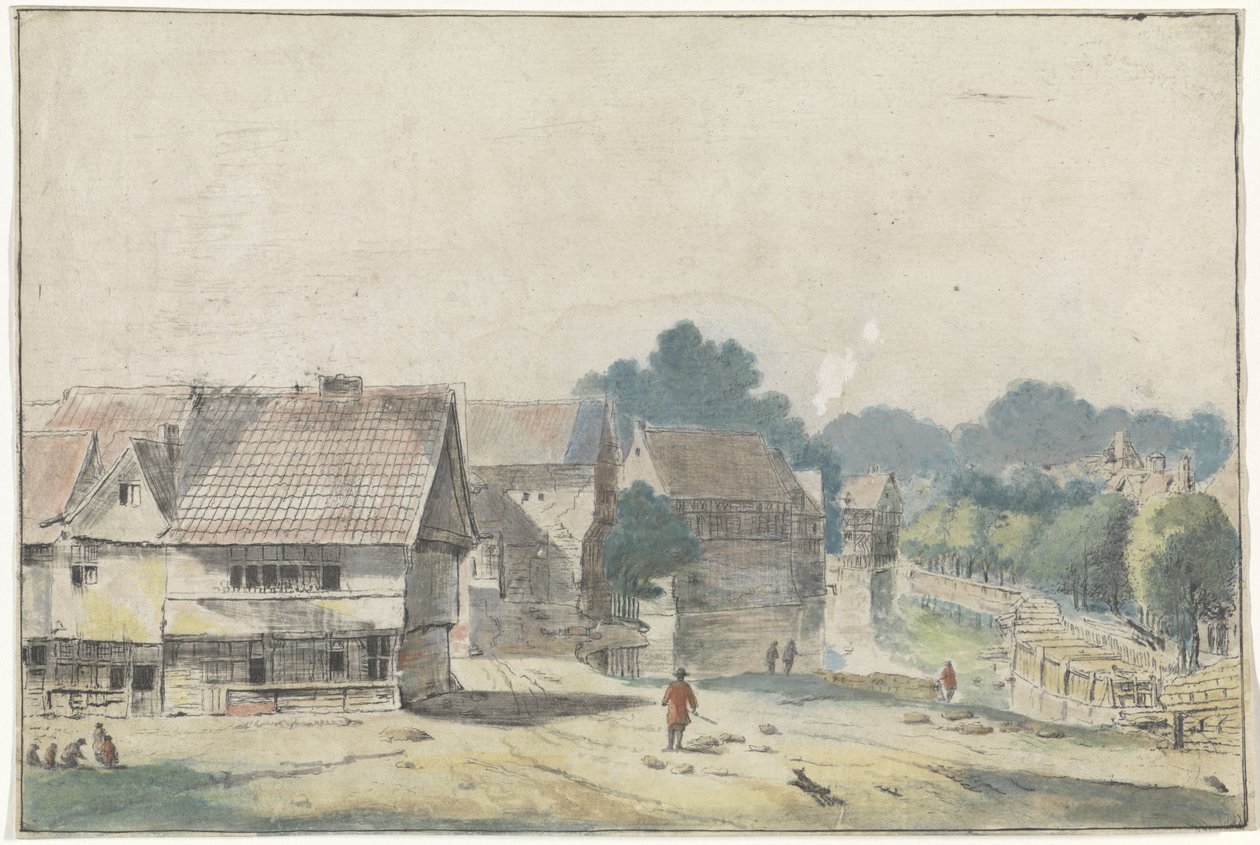 Vista de uma aldeia com casas de meia-leca de Hendrik Spilman