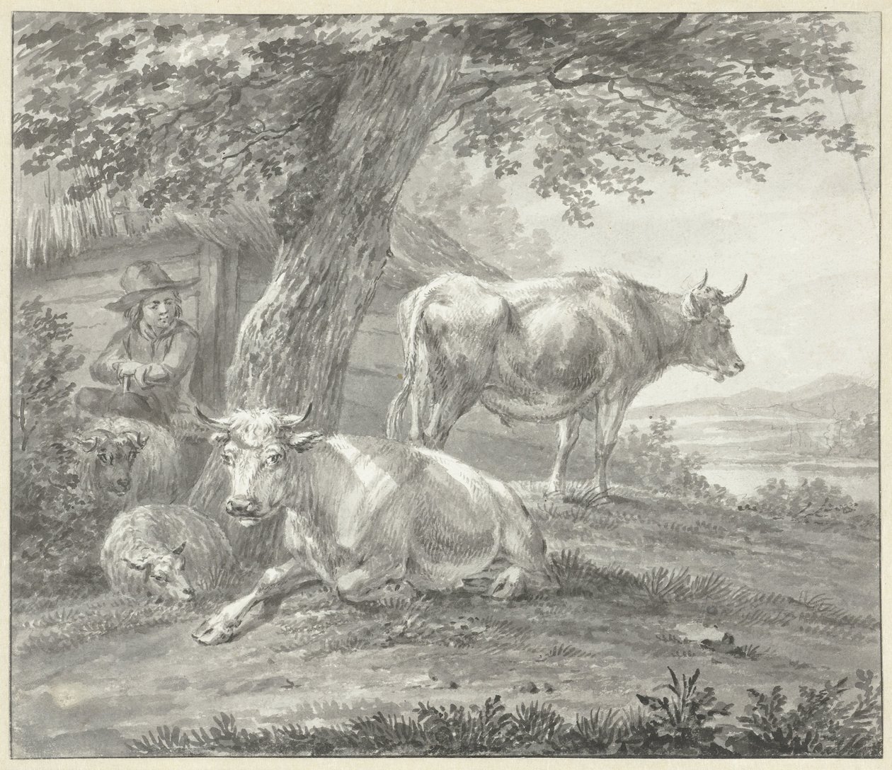 Duas vacas e duas ovelhas debaixo de uma árvore perto de um estábulo de Hendrik Stokvisch