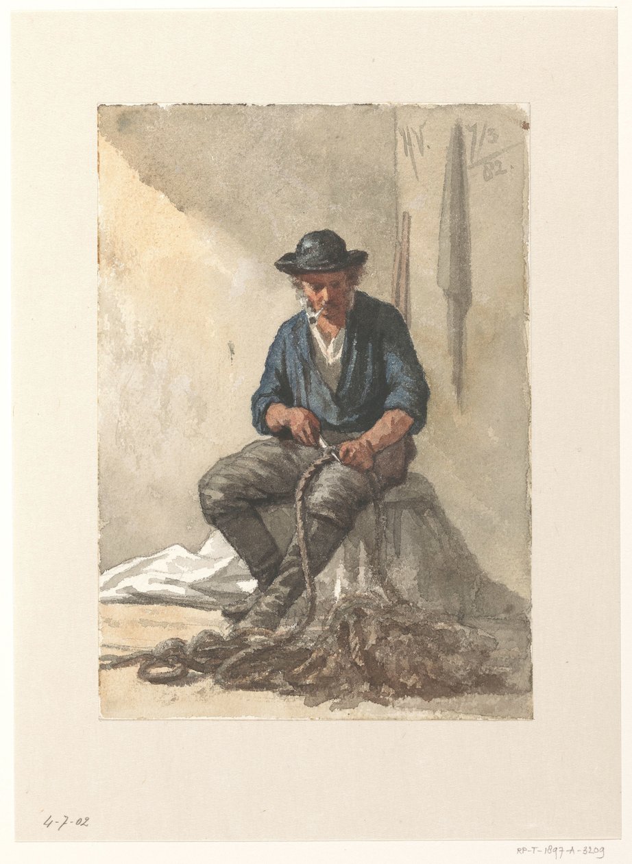 Pescador sentado a trabalhar numa corda de Hendrik Valkenburg
