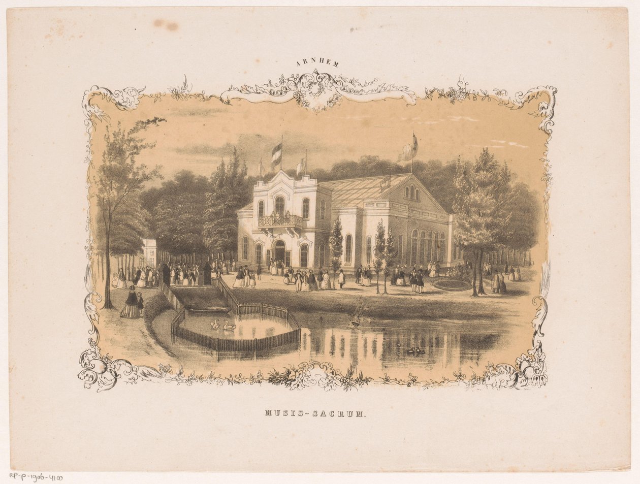 Vista da sala de concertos de Arnhem Musis sacrum (título no objeto) Arnhem (título da série no objeto) de Hendrik Wilhelmus Last (attributed to)