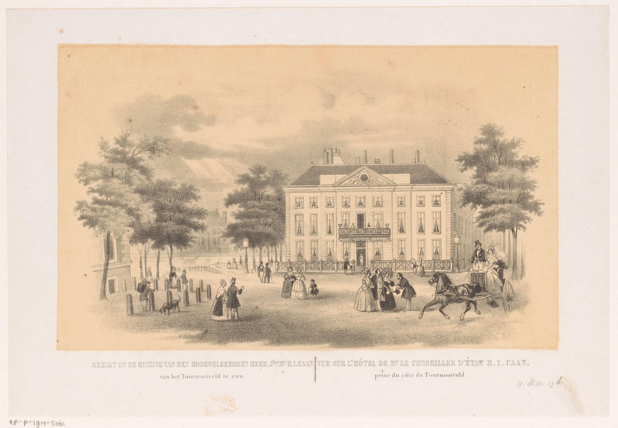 Vista do Tournooiveld do Herenlogement van Dordrecht em Haia por volta de 1850 Vista da casa do muito bem nascido sr. jhr. sr. H. I. Caan, pode ser vista do Tournooiveld (título no objeto) de Hendrik Wilhelmus Last (attributed to)