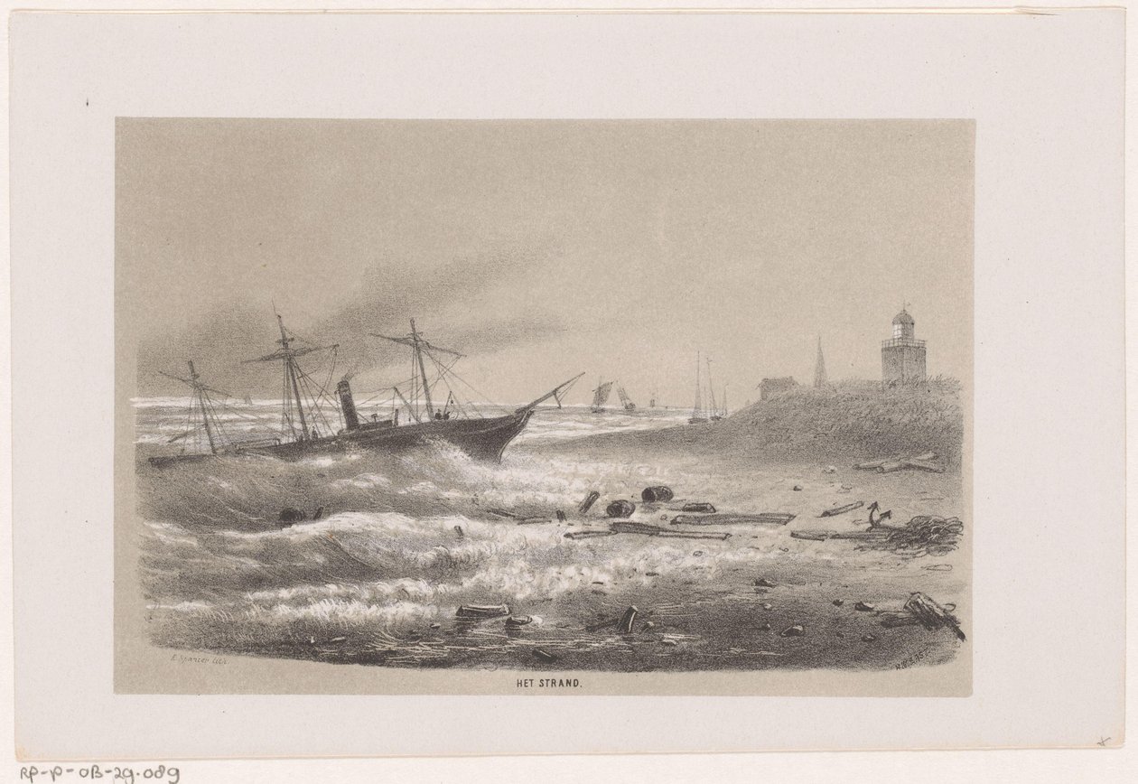 Navio em dificuldades perto da praia durante a tempestade de 28 de Maio de 1860
A praia (título sobre o objecto)
Álbum de dez esboços litografados, retratando cenas de destruição causadas pela tempestade de 28 de Maio de 1860, no Bosc de Haia de Hendrik Wilhelmus Last