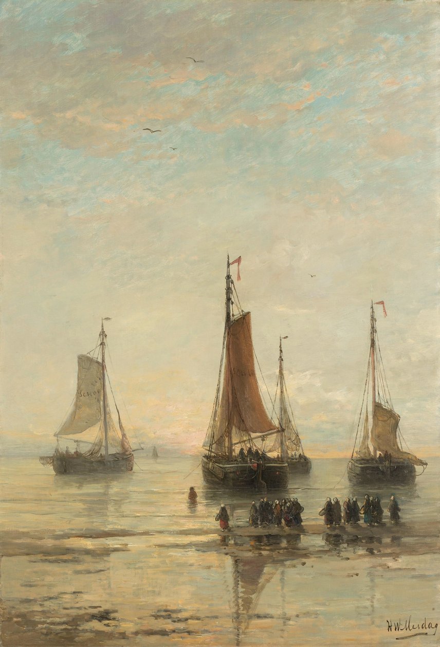 Barcos Scheveningen inclinados por blefe na âncora de Hendrik Willem Mesdag