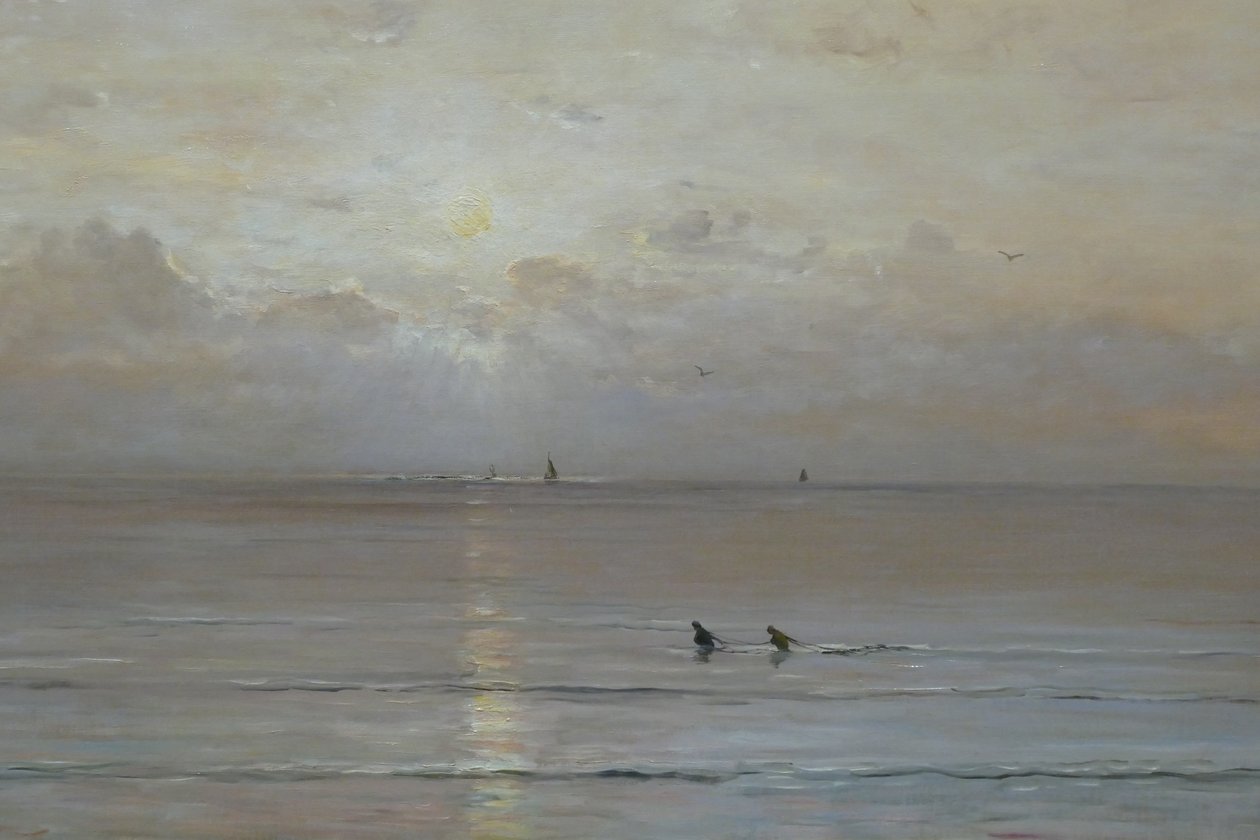Holandês: Pôr do sol com pescadores de camarão de Hendrik Willem Mesdag
