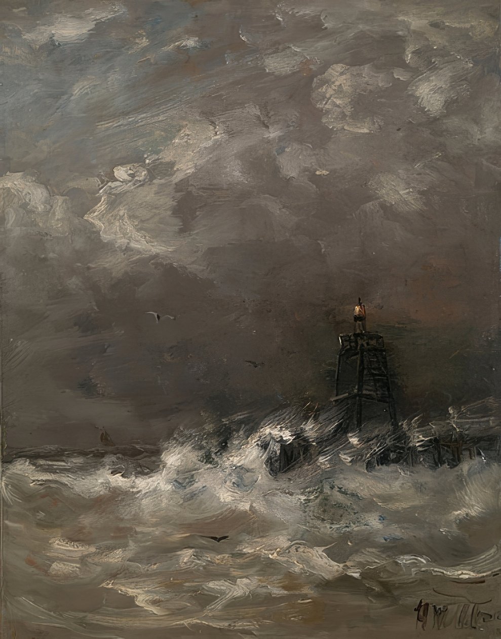 Farol em ondas quebrando. Por volta de 1900-07 de Hendrik Willem Mesdag