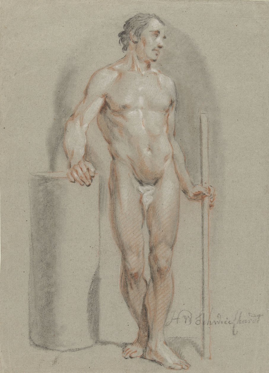 Homem nu em pé, segurando uma bengala, apoiando um cilindro de estúdio de Hendrik Willem Schweickhardt