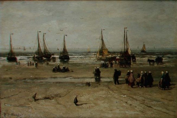 Paisagem costeira com embarcações de pesca e pescadores de Hendrik William Mesdag