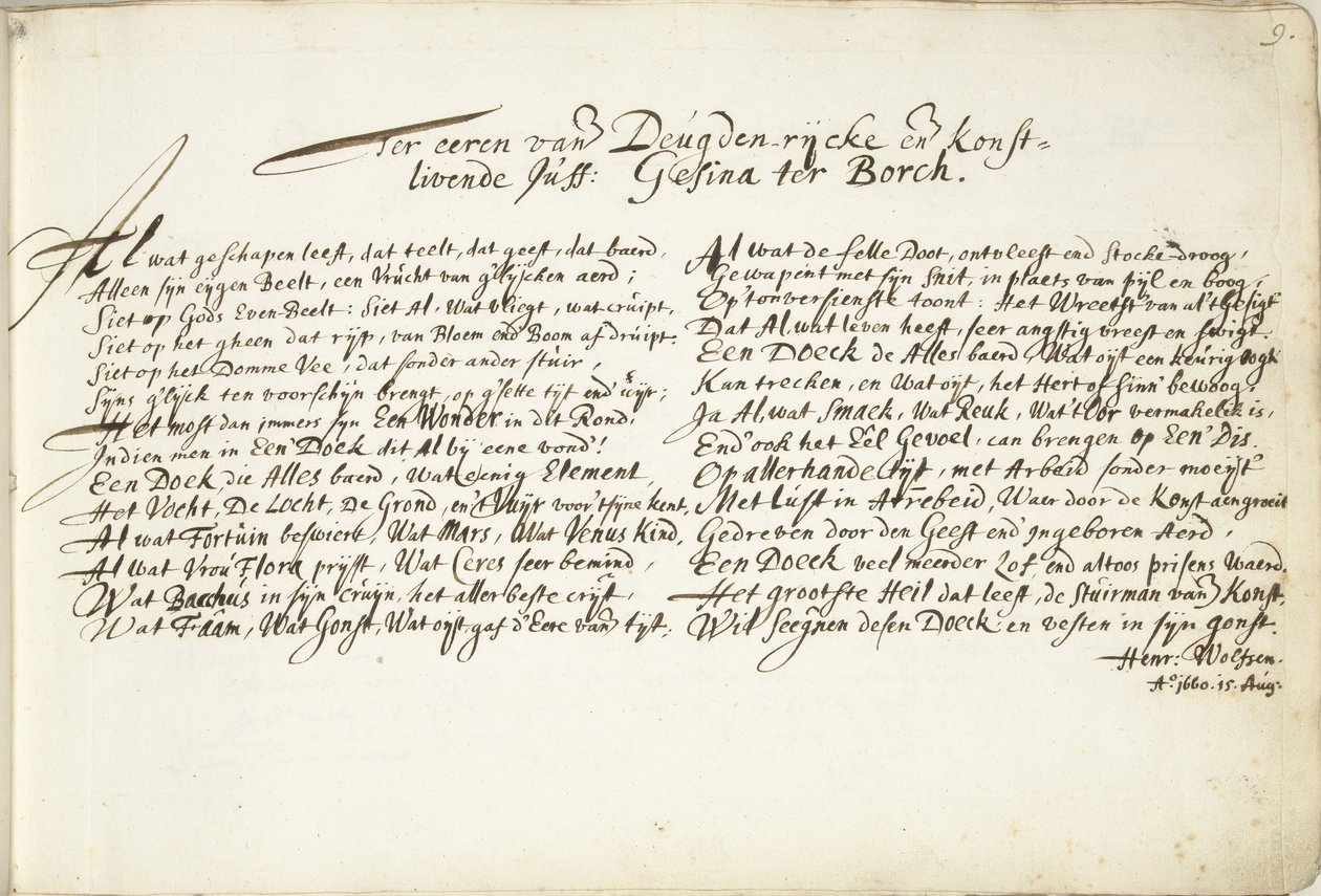 Hino em homenagem a Gesina ter Borch Em homenagem a den Deugden-rijcke e den Konstlivende Juff: Gesina ter Borch (título no objeto) de Hendrik Wolfsen (signed by artist)