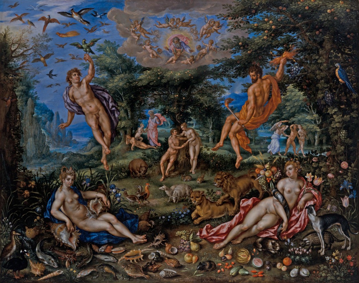 Os quatro elementos, com cenas de Gensis além de Hendrik de & Alsloot Denis van Clerck