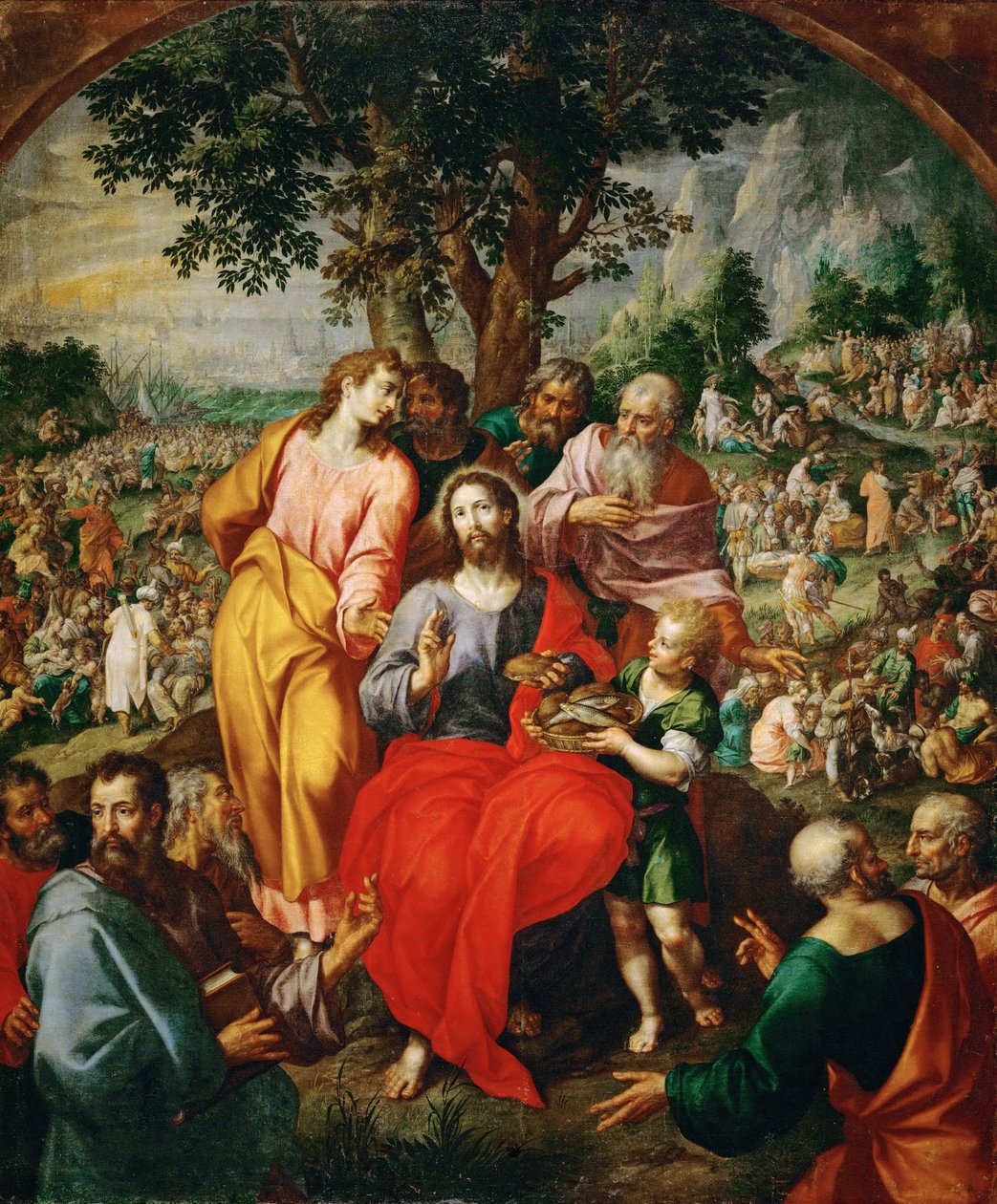 The Miracle of the Five Loaves and Two Fishes, de Clerck, Hendrick, de (ca. 1560-1630). Óleo sobre tela, ca. 1590. Dimensão : 203x167 cm. Museu de História de Arte, Viena de Hendrik de Clerck