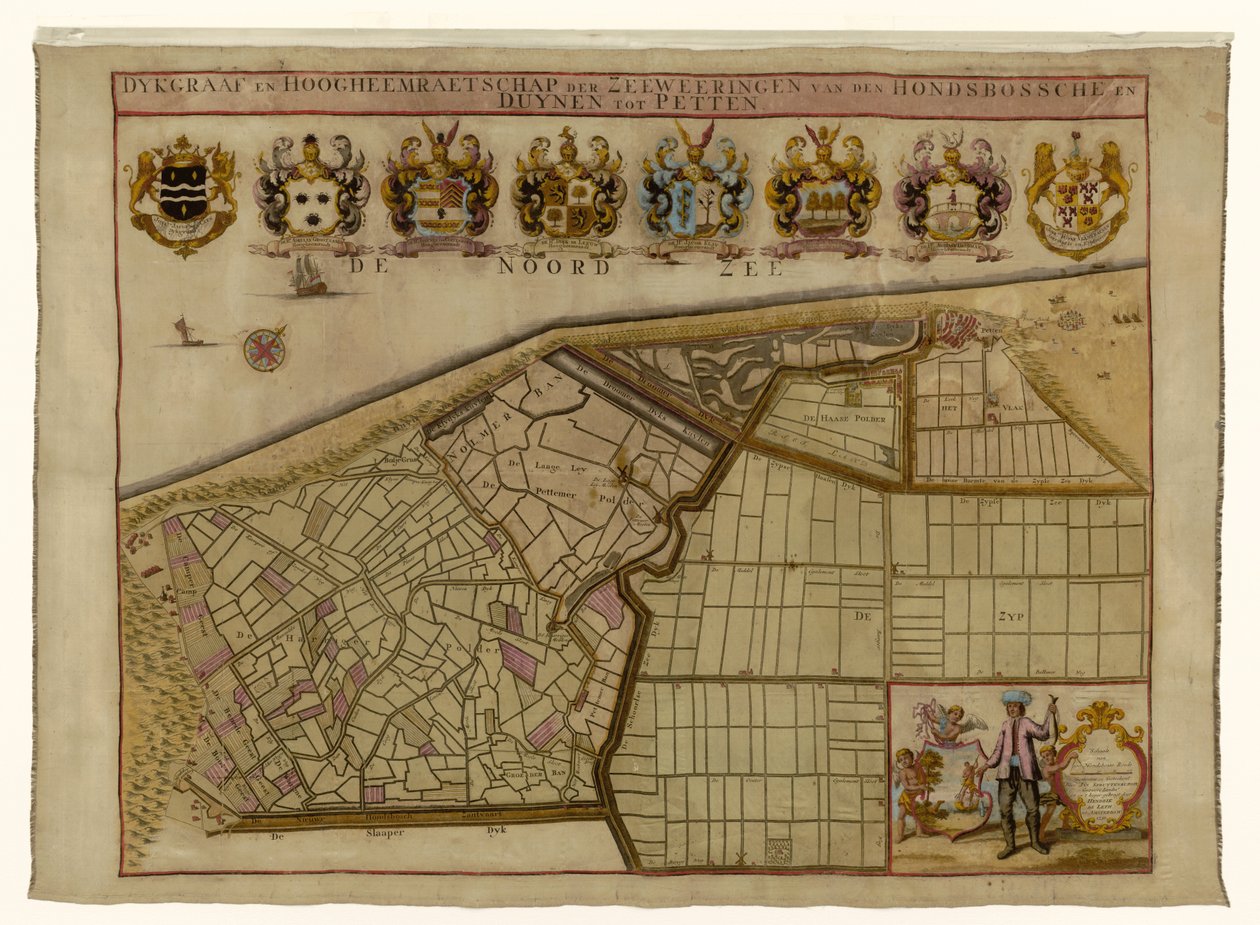 Mapa do Seawall de Hondsbossche e das dunas perto de Petten
Dykgraaf en hoogheemraetschap der Zeeweeringen van den Hondsbossche en Duynen tot Petten (título sobre o objecto) de Hendrik de Leth