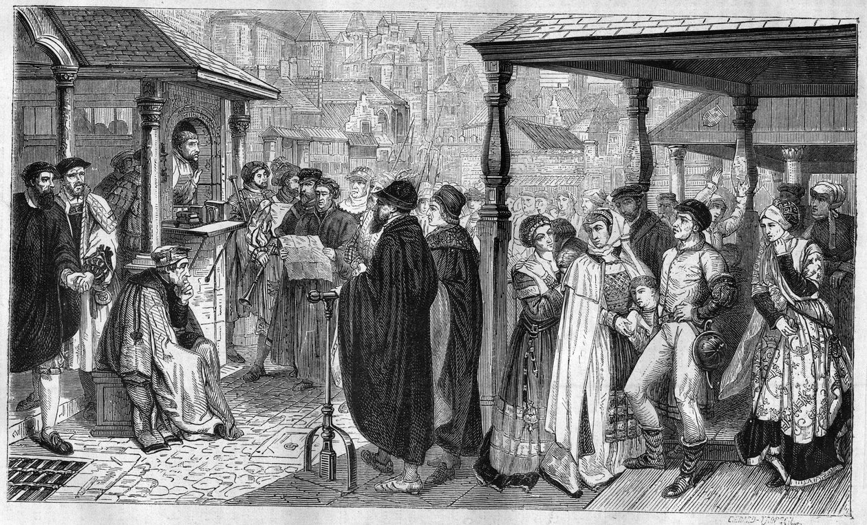 A publicação das edições de Charles V em Antuérpia: em 1550, uma lei estipula que qualquer pessoa que esteja convencida de heresia será bruta ou enterrada viva, ou decapitada. Gravura de 1866-1867 baseada na pintura do Barão Henri Leys (1815-1869). de Hendrik or Henri Leys